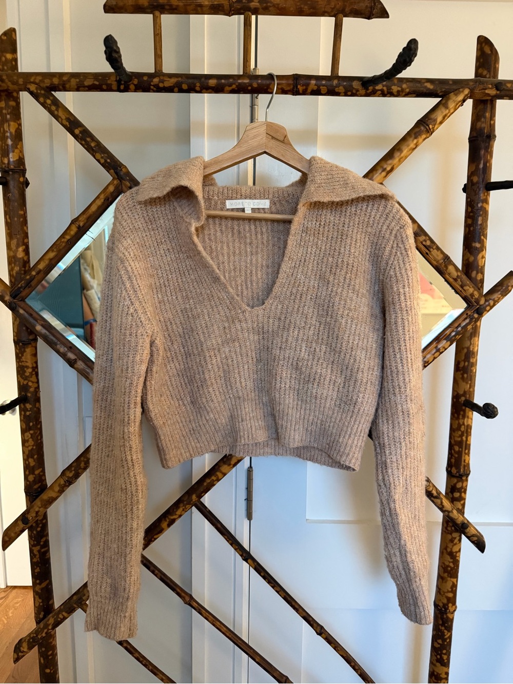 Cropped Collared V-Neck Sweater in Beige